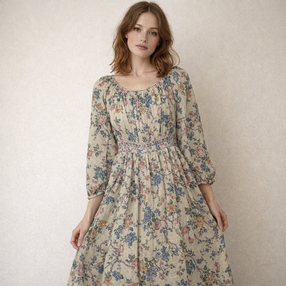 Vintage Rona New York Maxi Dress Women L Cream Floral Smocked‎ Waist Cottagecore